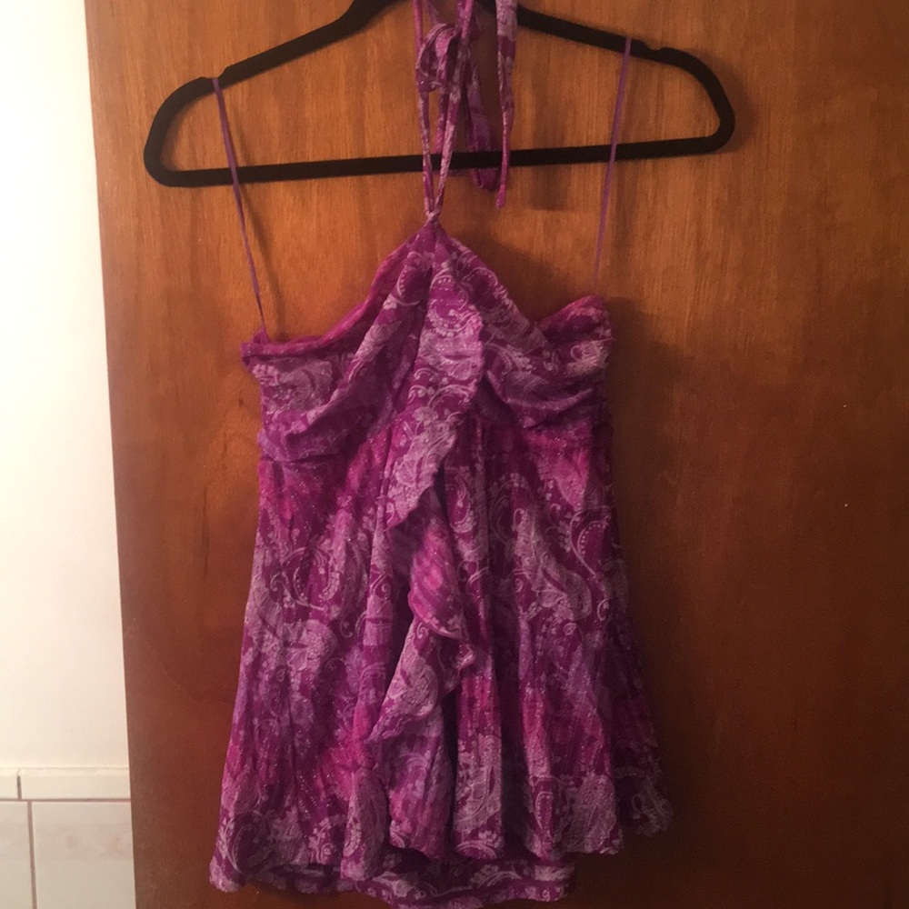 Express Sparkly Purple Print Halter Top Sz Lg